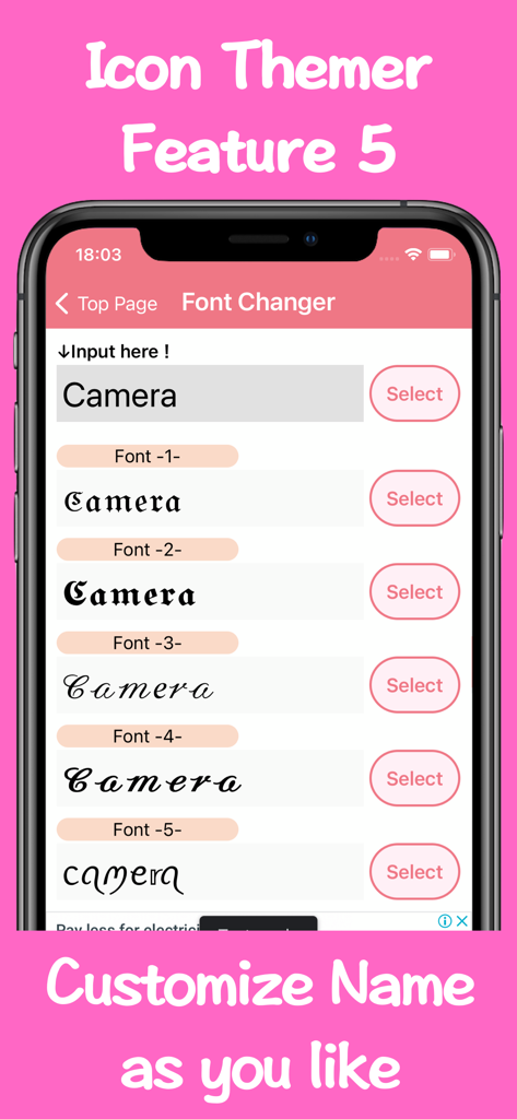Icon Themer - A mobile interface for changing app name fonts with various decorative styles.