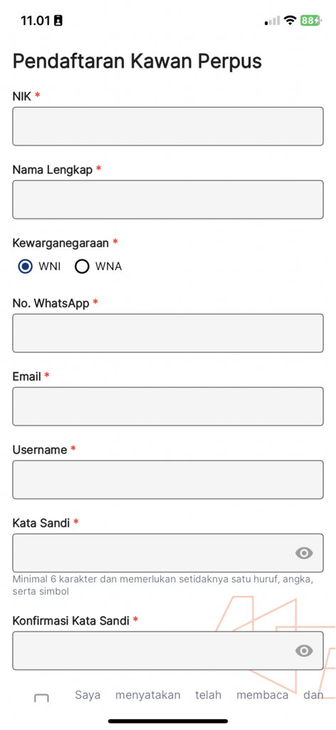 Registration form for the Jaklitera library app showing fields for identity number full name citizenship and contact details