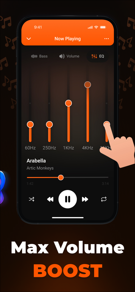 Volume Booster & Bass: Bassify - A smartphone screen displaying the Bassify app custom equalizer interface with frequency sliders and volume boost settings.