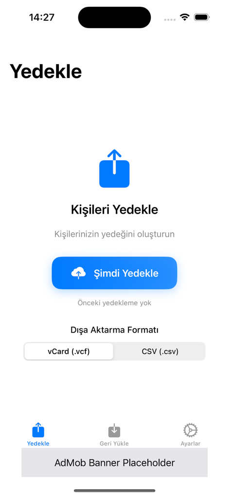 Contacts Backup- 3000 - The main dashboard of the Contacts Backup app displaying options for vCard and CSV exports.