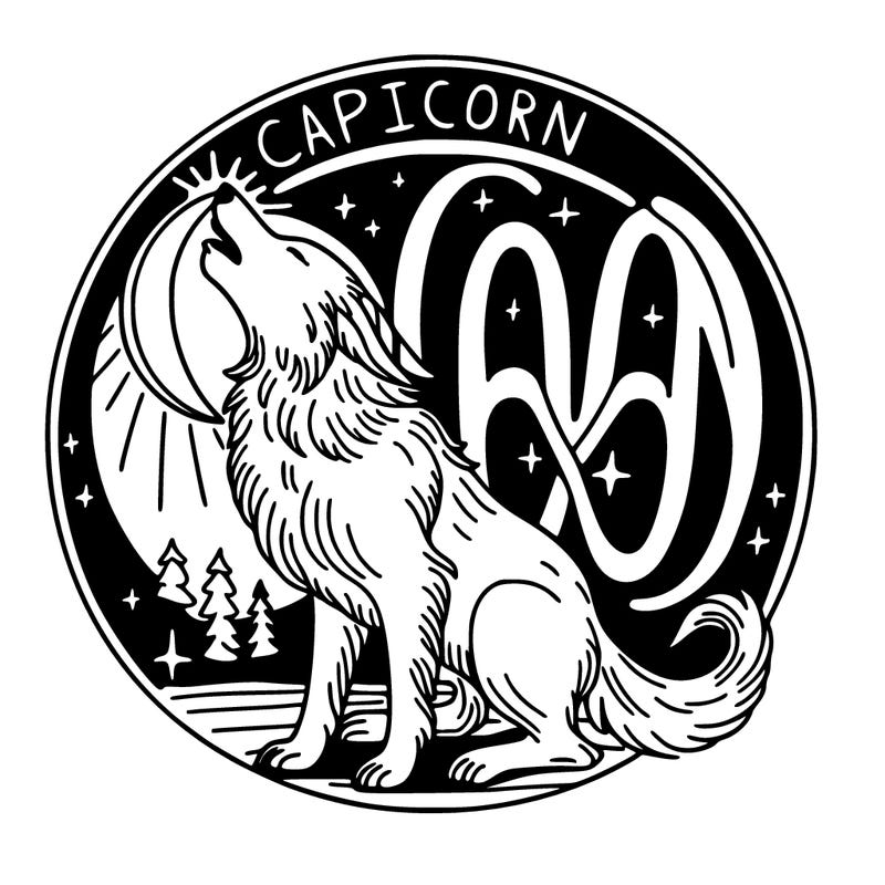 capricorn sign in the middle of a large circle with a wolf howling at the moon and the word odín