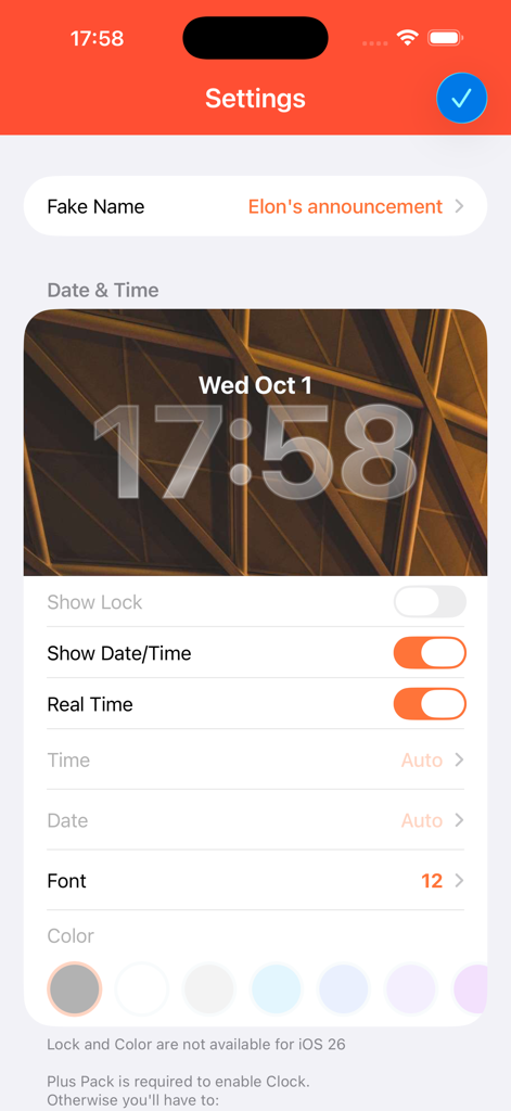 Settings screen of the Faker app showing options to customize a fake lock screen with date time and font settings