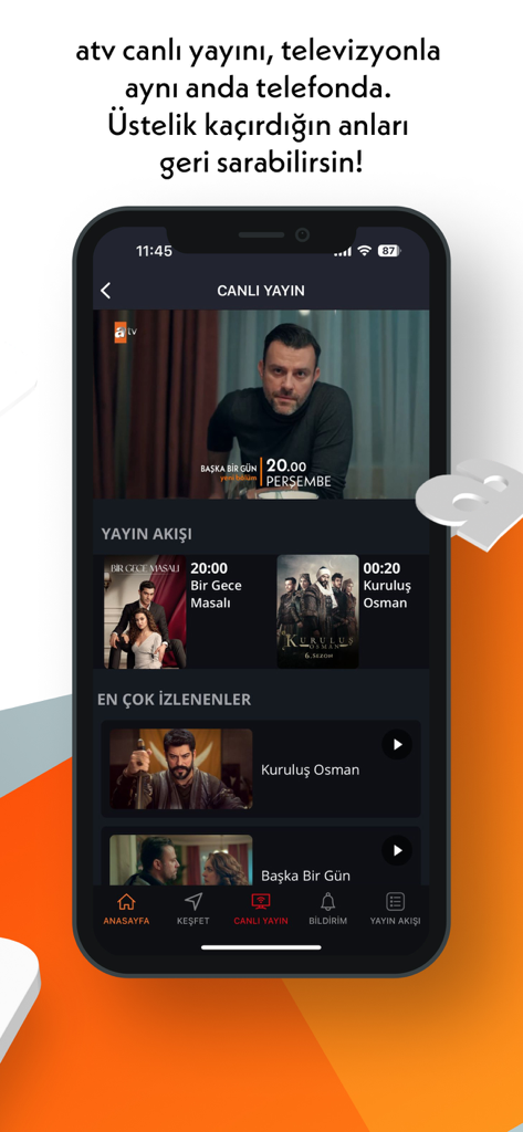 Pantalla de transmisión en vivo de la app de atv mostrando programas de TV actuales y miniaturas de contenido bajo demanda en un smartphone