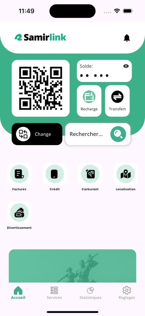 Samir Moneyアプリのダッシュボード。QRコード決済とモバイルウォレットサービスが表示されている