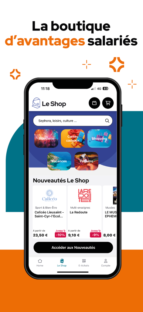 Smartphone screen showing the advanGO employee benefits shop with categories for tickets and gift cards