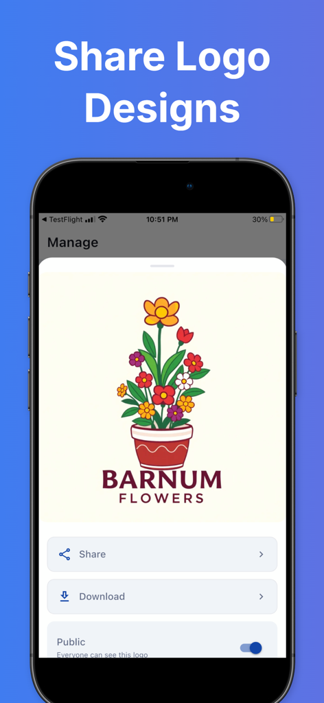 Logo Maker 3D - A mobile app screenshot of Logo Maker 3D showing options to share and download a floral logo for Barnum Flowers.
