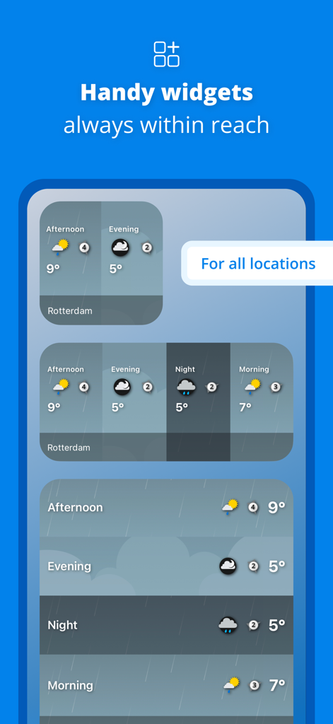 Various weather forecast widgets for different times of the day on a mobile home screen