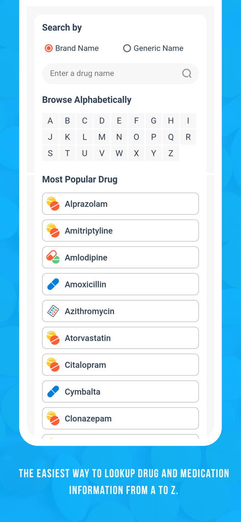 Pill Identifier and Drug Info - Pill identifier app screen for searching drug information by brand or generic name with an alphabetical index