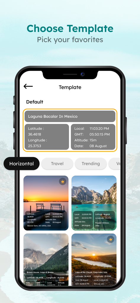 GPS Timestamp Camera - GPS Map - Interfaz de aplicación móvil que muestra diferentes estilos de plantillas para agregar coordenadas GPS y marcas de agua de sello de tiempo a las fotos