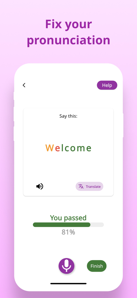 Talk: Korean,Japanese Learning - Pantalla de la aplicación Talk Fluent que muestra retroalimentación de pronunciación para la palabra Welcome con una puntuación de aprobación del 81 por ciento.