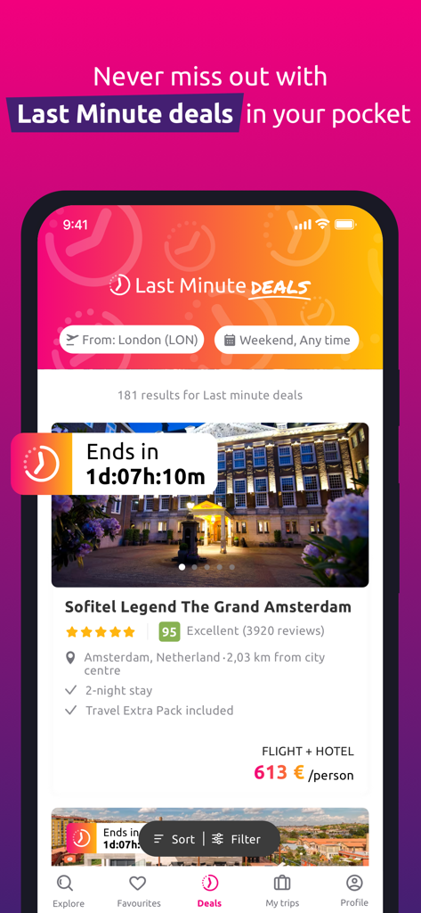 lastminute.com - Travel Deals - Pantalla de la app móvil mostrando una oferta de paquete de vuelo y hotel para Ámsterdam con un temporizador de cuenta atrás