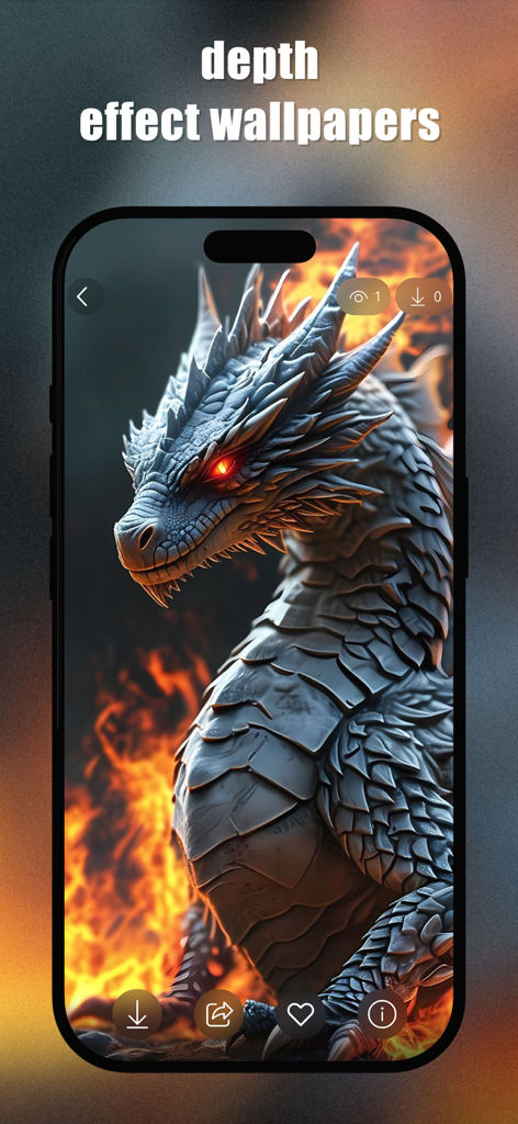 Dragon Wallpapers 3D - Fierce silver dragon with glowing red eyes on an iPhone screen showcasing a 3D depth effect wallpaper