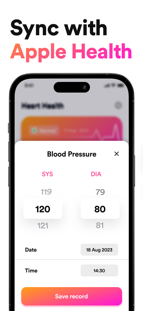 Blood Pressure Logger, Reader - Pantalla de iPhone que muestra una interfaz de registro de presión arterial con una llamada a la acción para sincronizar con Apple Health.