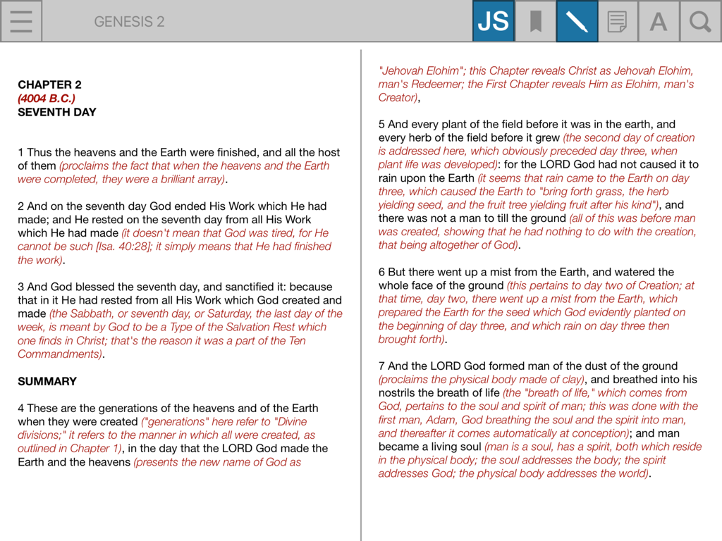 JSM - Digital version of The Expositors Study Bible showing Genesis chapter 2 with black scripture and red commentary