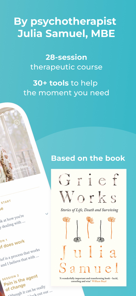 Grief Works app by psychotherapist Julia Samuel showing the therapeutic course and tools based on her book