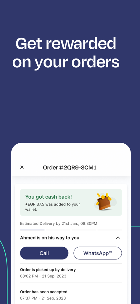 Dyma app screen displaying order tracking status and earned cashback rewards