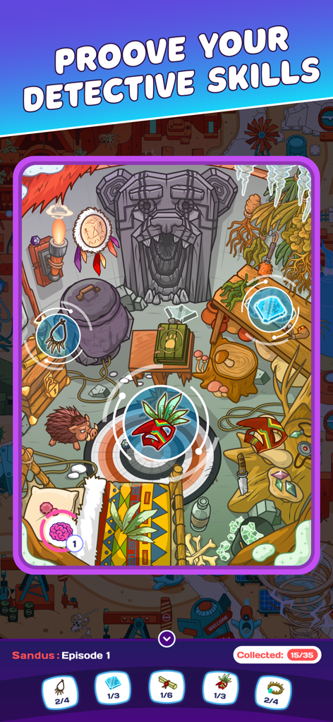 Find It: Spy Hidden Objects - Gameplay screenshot of Find It: Spy Hidden Objects showing a vibrant hidden object puzzle level with a tribal detective theme.