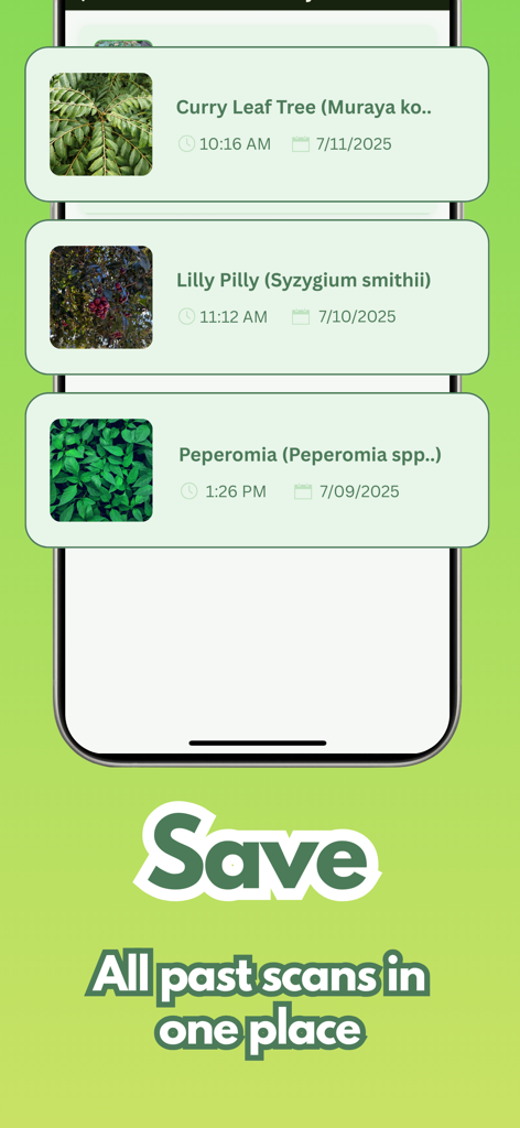 App screen displaying a history of identified plants including Curry Leaf Tree and Peperomia with scan dates