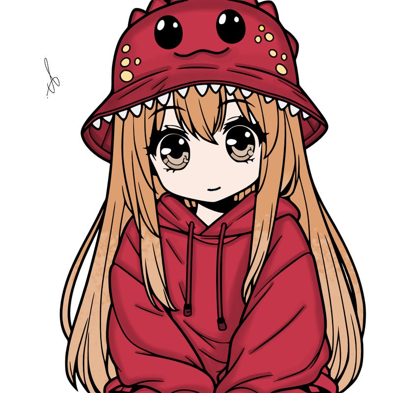 girl with anime shaped eyes with a dinosaur bucket hat oversized sweatshirt long straight hair