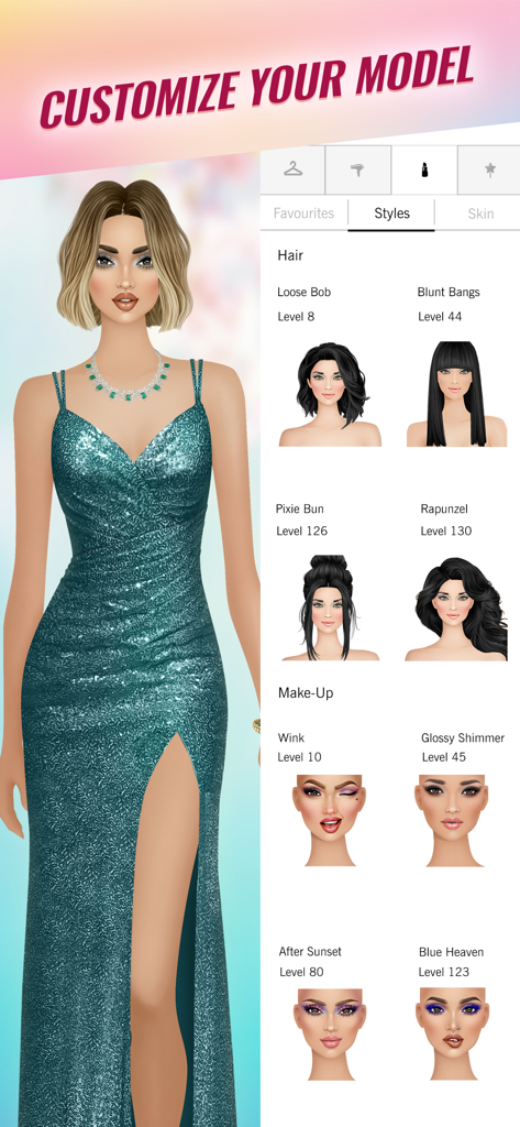 Covet Fashion: Dress Up Game - Interfaz de la aplicación Covet Fashion que muestra opciones de personalización de peinado y maquillaje para una modelo virtual.