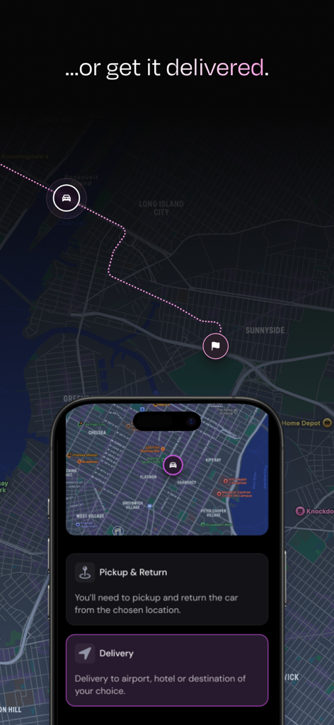 Eon: Electric Car Rentals - Eon app interface showing the delivery option for electric car rentals on a map