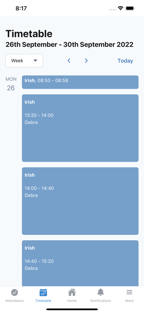 VSware app interface showing a student timetable with class names and times