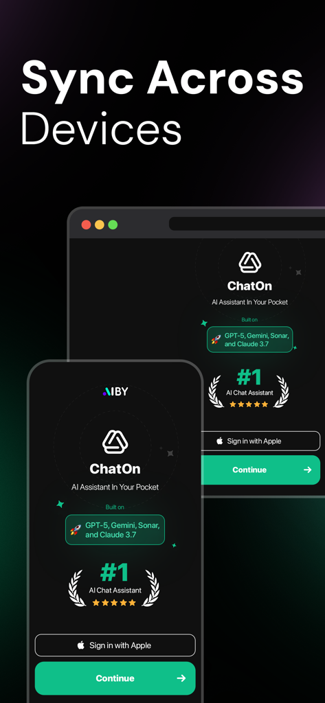 Interfaz de la aplicación ChatOn AI mostrada tanto en un teléfono móvil como en una ventana del navegador de escritorio, resaltando la función de sincronización entre dispositivos.