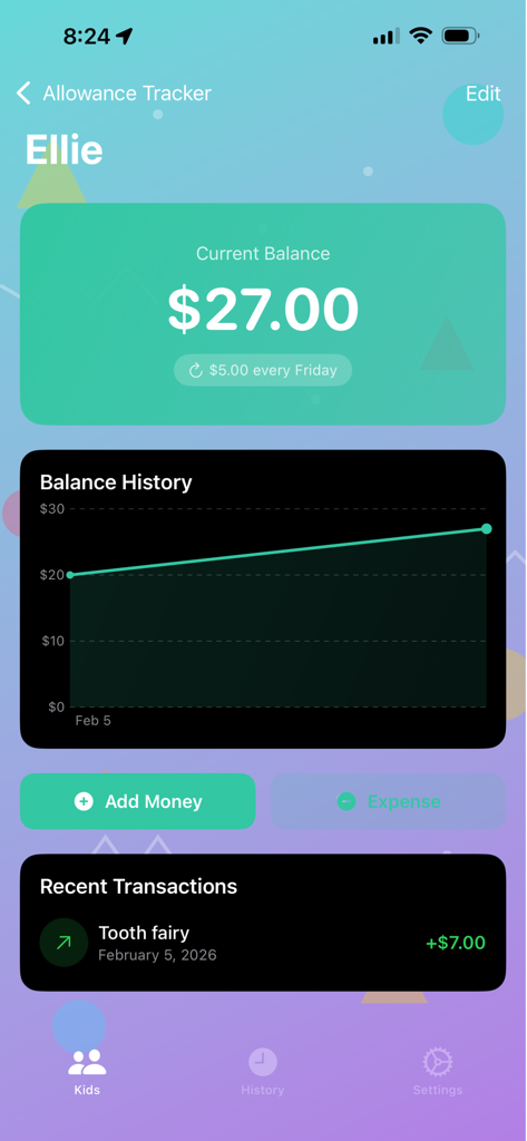 Allowance Tracker - Kids Money - A screenshot of the Allowance Tracker app showing a child's balance of twenty-seven dollars with a savings growth chart and recent transactions.