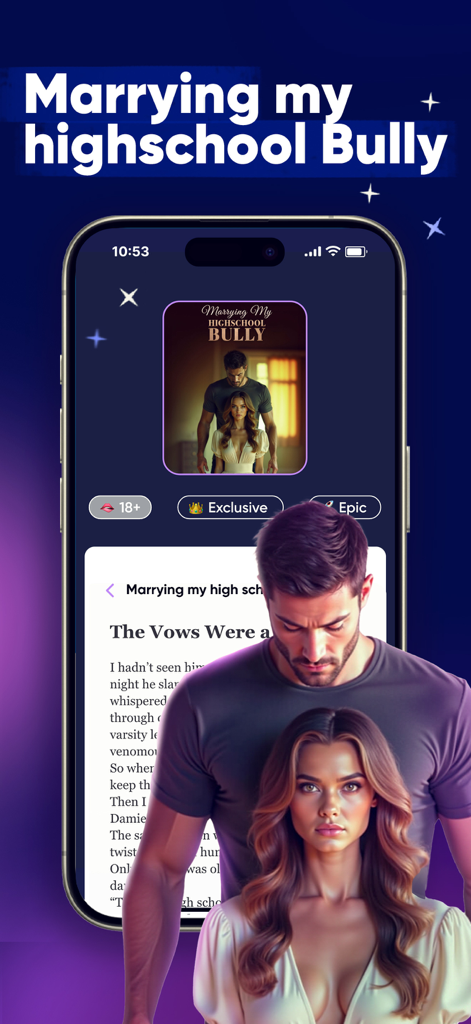 My Hot Diary: Love Story Games - Interface of the My Hot Diary app featuring an interactive romance story titled Marrying my high school Bully with detailed character illustrations