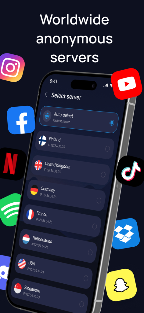 SuperVPN - Cool VPN Proxy - SuperVPN mobile app interface showing a list of global server locations and popular social media icons