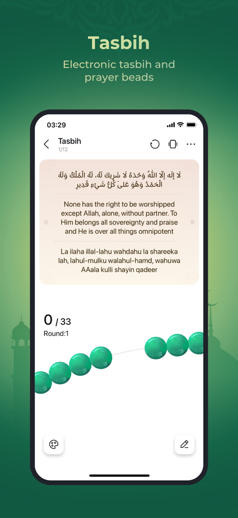 WeMuslim: Athan, Qibla&Quran - WeMuslimアプリのタスビー機能が表示されたスマートフォン。電子数珠とドゥアの翻訳が含まれています。