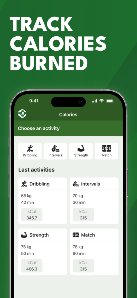 LineBall Tracker app interface showing a list of recent soccer activities and calories burned for each drill.