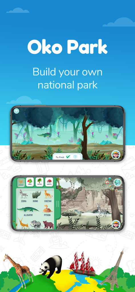 Écran de l'application Orboot Earth RA montrant la fonctionnalité de construction de parc national Oko Park