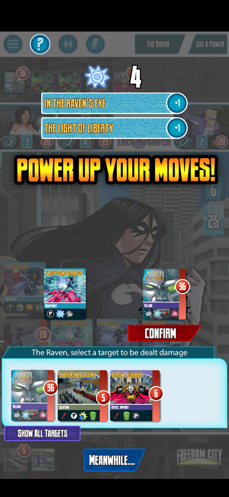Captura de pantalla del juego Centinelas de Tierra-Prime mostrando al héroe Raven seleccionando un objetivo para infligir daño.
