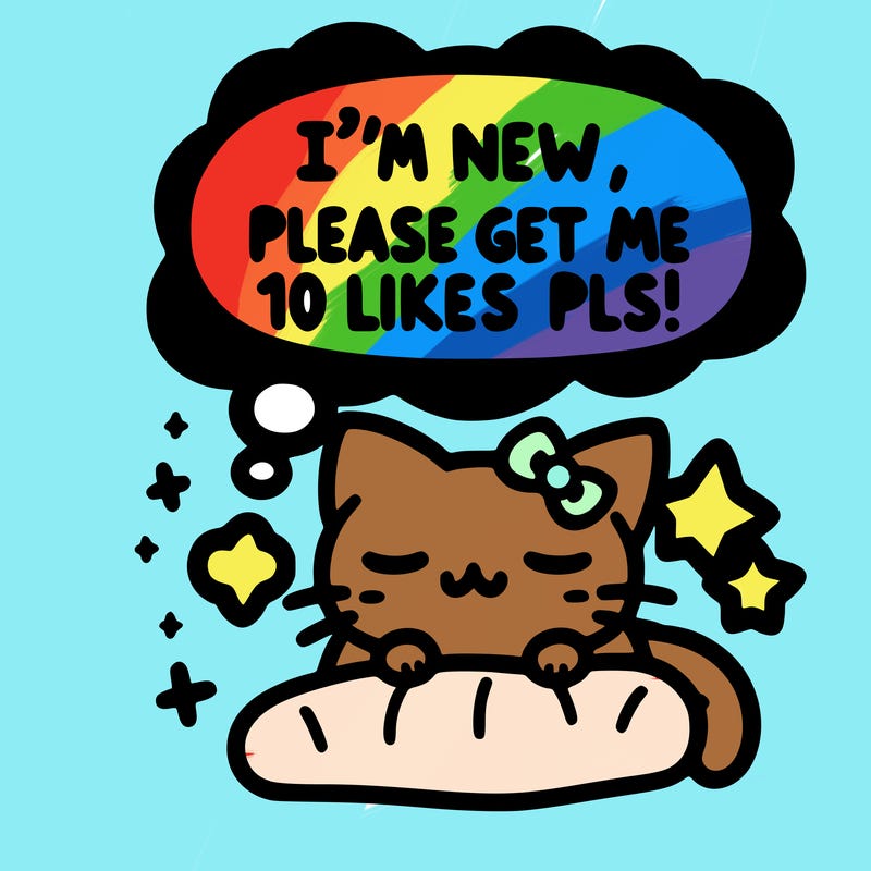 kitty taking a nap dream talking and saying "i'm new, please get me at least 10 likes pls!!"