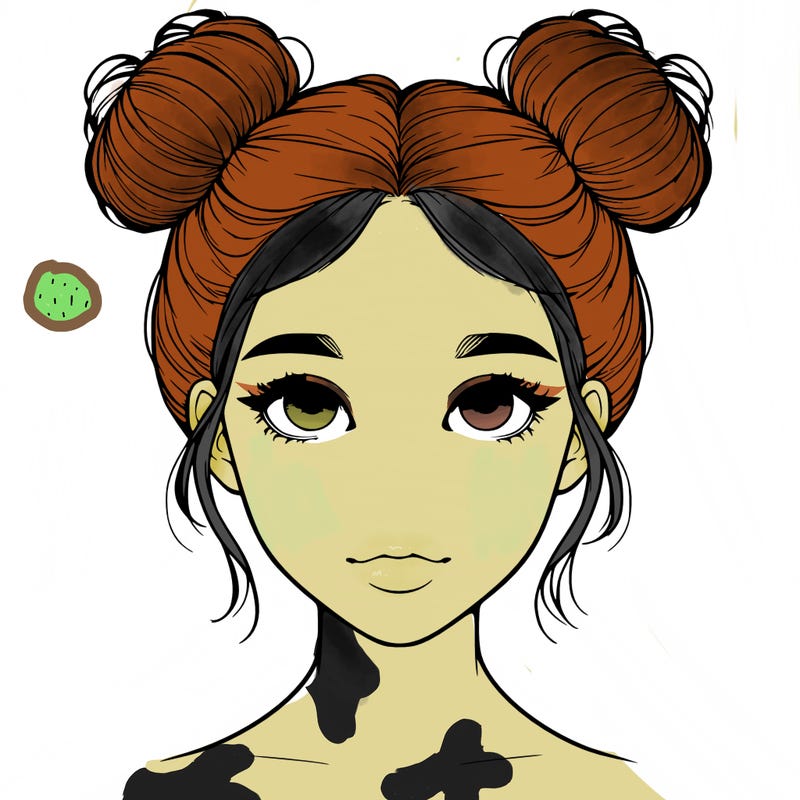 realistic girl with two buns on top of her head