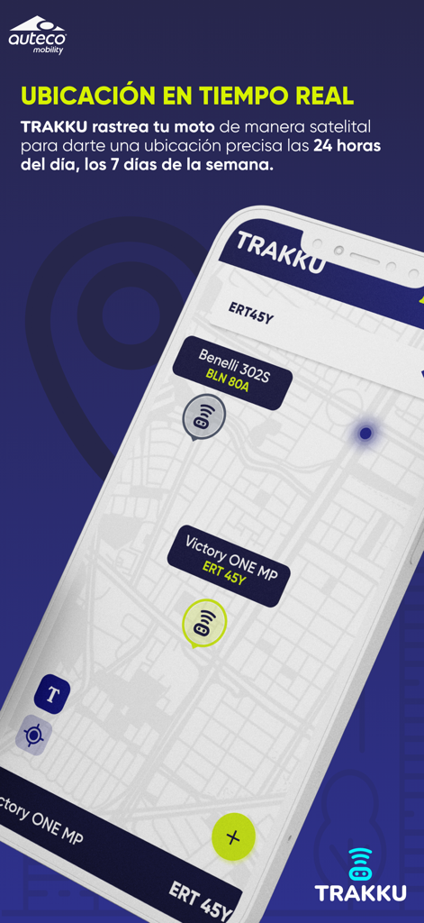 Auteco Trakku. - Real-time motorcycle GPS tracking interface on a smartphone