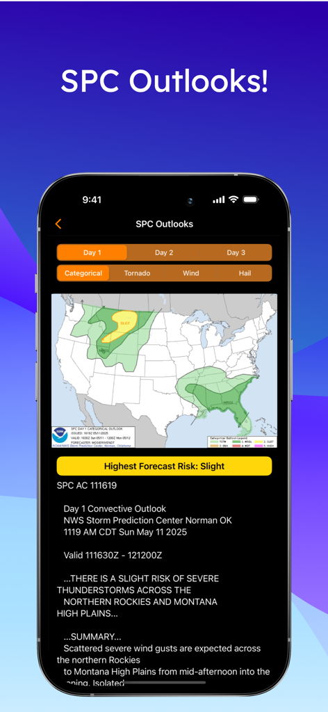 AlerWX - Interfaz de la aplicación móvil AlerWX que muestra un mapa de pronósticos de convección del Centro de Predicción de Tormentas y pronóstico de riesgo de clima severo.