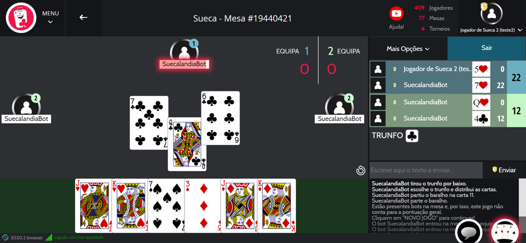 Suecalandia - Jogos Online - Captura de ecrã da jogabilidade de uma partida de Sueca na aplicação móvel Suecalandia
