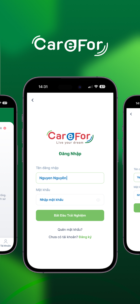 CareFor CSKH - Interface de login do aplicativo móvel CareFor CSKH em vietnamita
