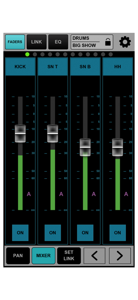 MyMon mobile app interface showing volume faders for drum mix channels