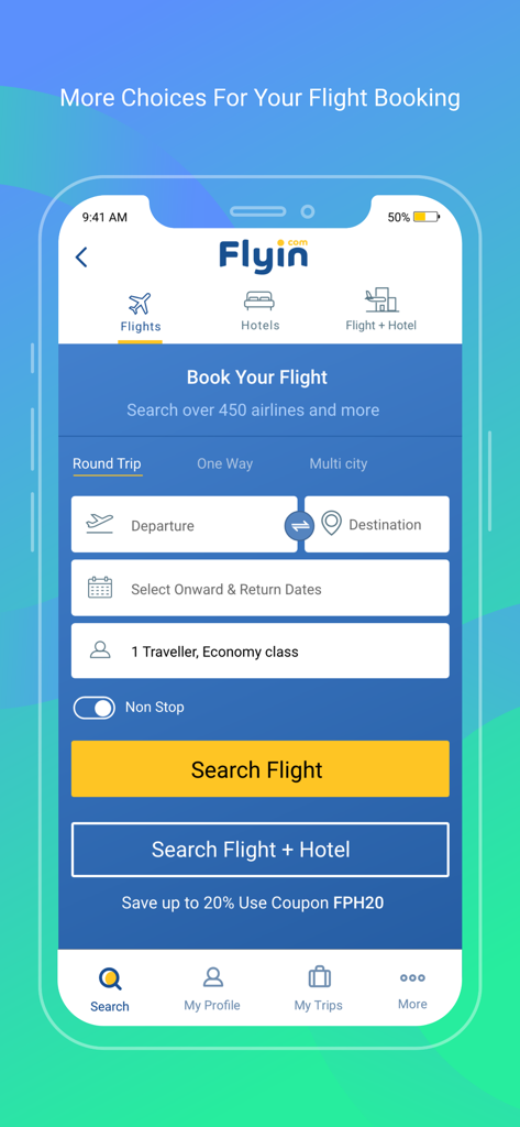 Flyin.com mobile app interface for searching round trip flights with fields for departure destination and travel dates