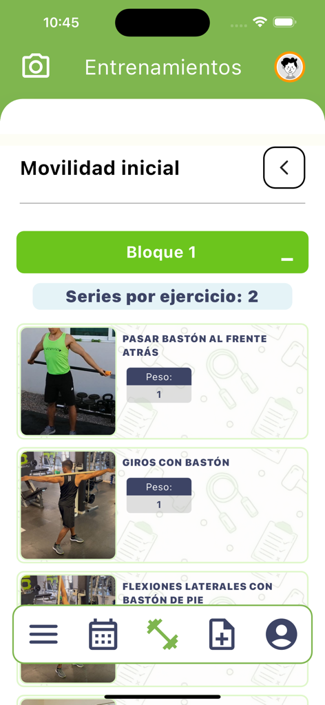 Enforma digital - Workout screen of the Enforma digital app showing mobility exercises and personalized training routines