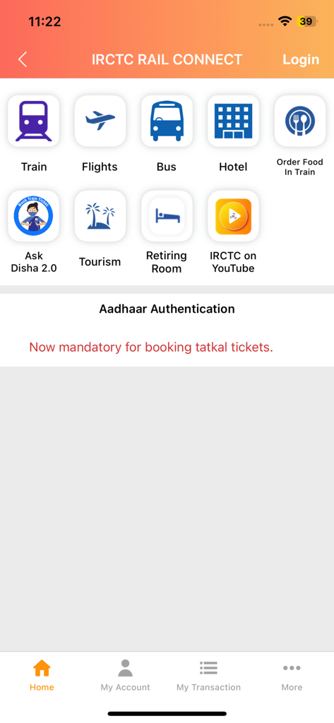 Home screen of the IRCTC Rail Connect mobile app showing icons for train, flight, bus and hotel booking services