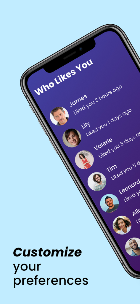 A mobile interface for Dateability showing a list of profiles under the heading Who Likes You and the text Customize your preferences.