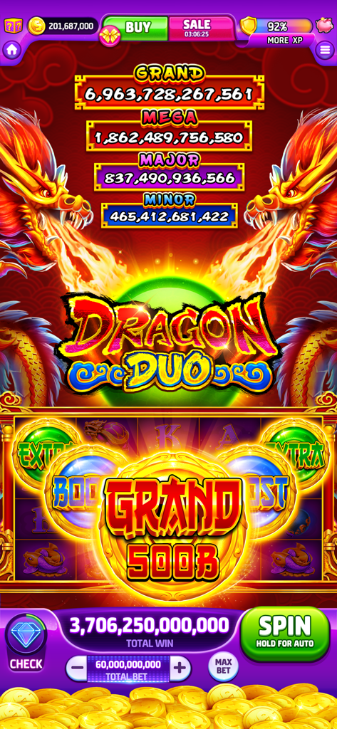 Dragon Duo slot machine screen in Cash Tornado Slots with massive grand jackpot amounts and fire breathing dragons.