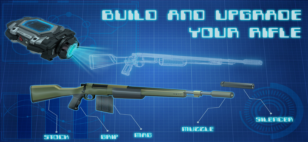 Shadow ops - Tactical shooter - Eine Menüoberfläche, die zeigt, wie man ein taktisches Gewehr mit Beschriftungen für Schaft, Griff, Magazin, Mündung und Schalldämpfer baut und aufrüstet.