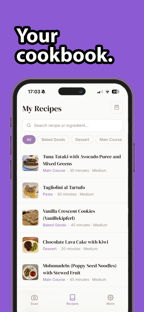 Anna's Kitchen: Snap & Cook - The My Recipes screen in Anna's Kitchen showing a collection of saved dishes.