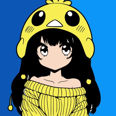 anime girl with chick shaped hat with sweater with bare shoulders with bangs covering them one eye with low tail
