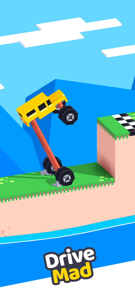 Gameplay del minijuego Drive Mad en Fancade con un vehículo voxel amarillo en una pista de obstáculos basada en física